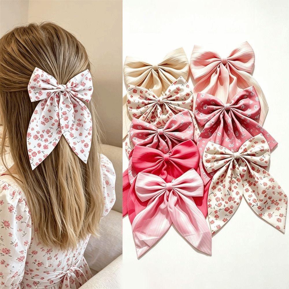 8Pcs Fabric Floral Print Bow Hair Clips Flower Ribbon Spring Clips Women Hair Styling