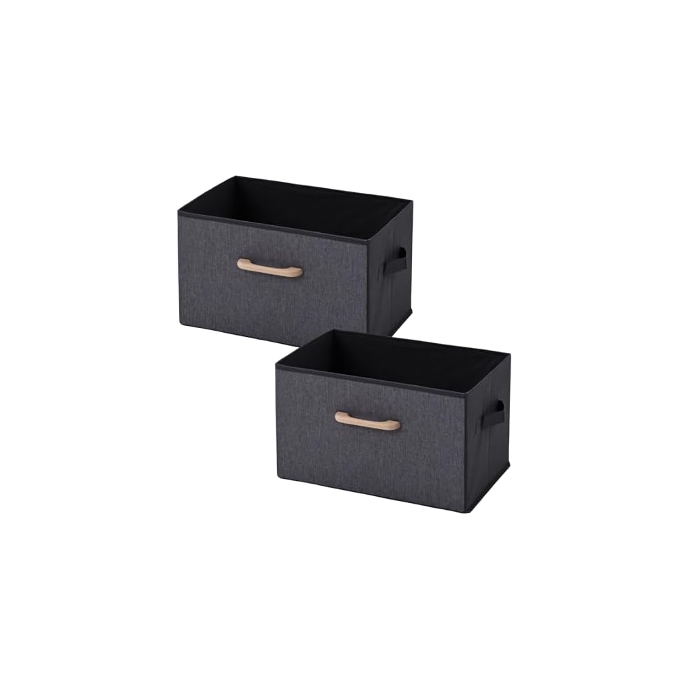YAMAZEN Storage Boxes, Set of 2, Wooden Handles, Linen-like Fabric Front, Compatible with Color