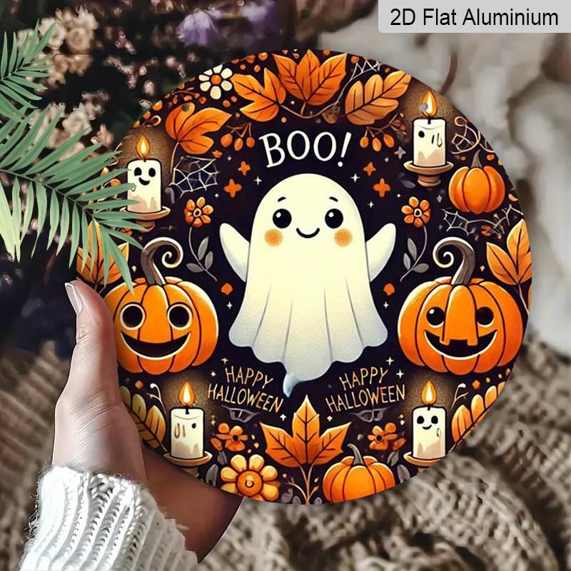 2D Flat, 1pc Vintage Metal Spooky Halloween Wall Sign - Round Aluminum Wall Hanging Decor with Ghosts, Pumpkins, Bats & Cobwebs - Featherless