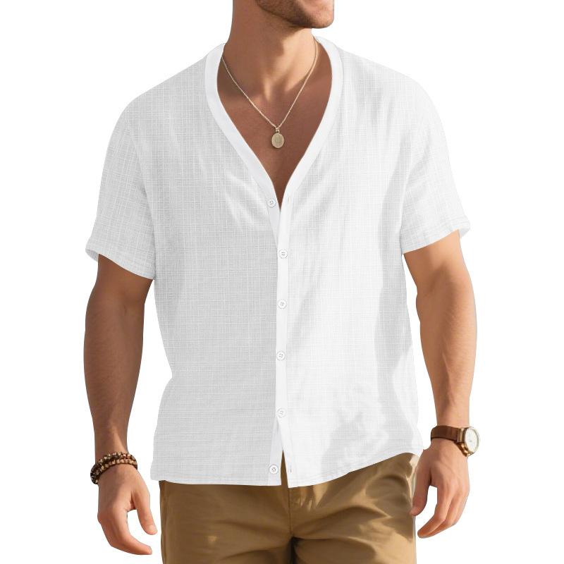 American Men's Summer Imitation Hemp Bamboo Short-sleeved Henry Shirt Loose Casual Trend Button Cardigan T-shirt Men's