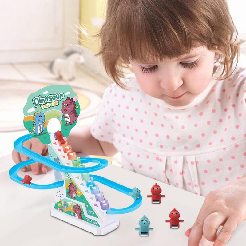Electric Stair Climbing Toy, Dinosaur Track Sliding Toy Dino Slide Toy Dinosaur Escalator Toy Dino Musical Toy Gliding Track Toy with Music & Lights