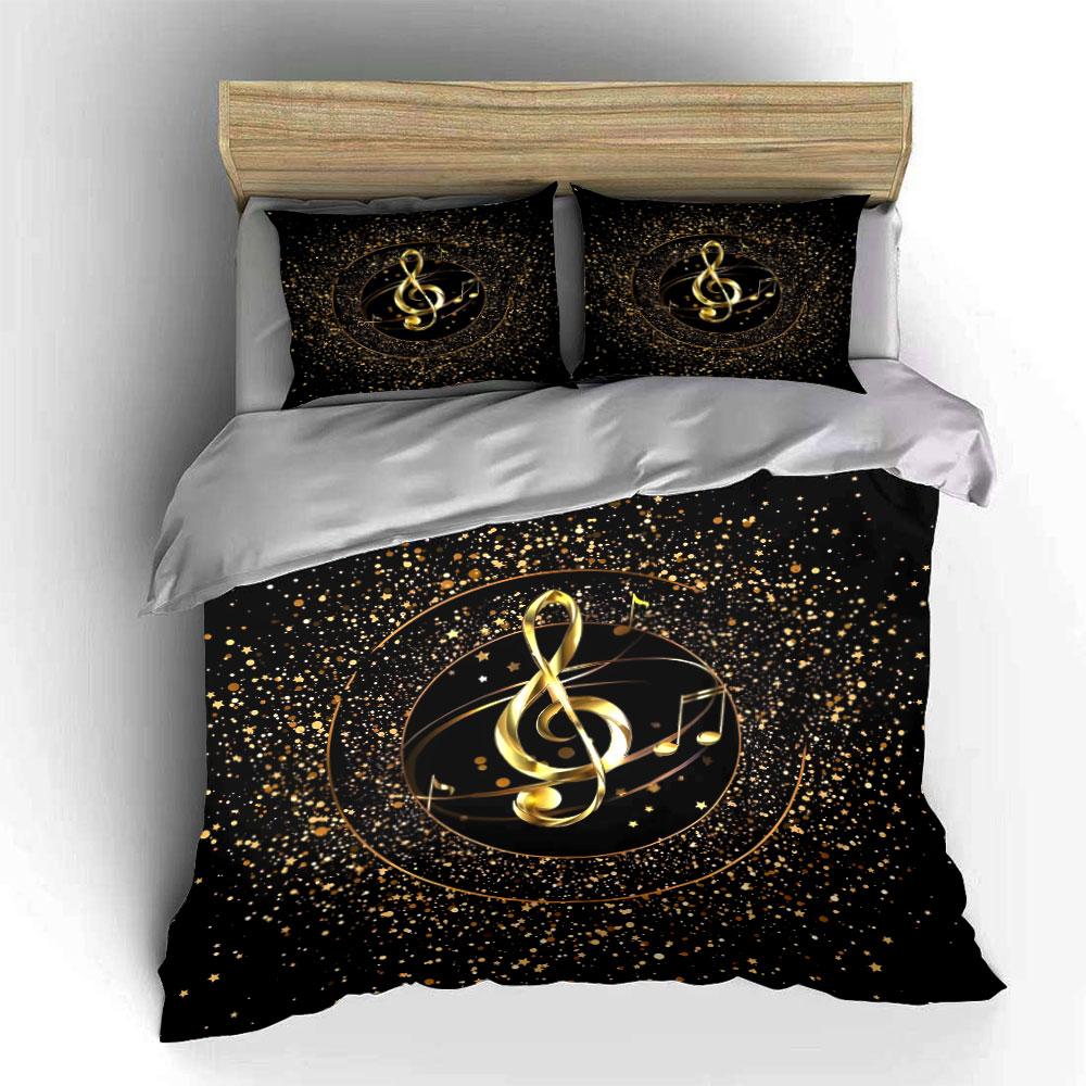 3-teiliges goldenes Violinschlüssel-Glitzerstern-Bettwäsche-Set Schwarz Musiknoten-Bettwäsche Enthält 1 Bettbezug und 2 Kissenbezüge Geschenk