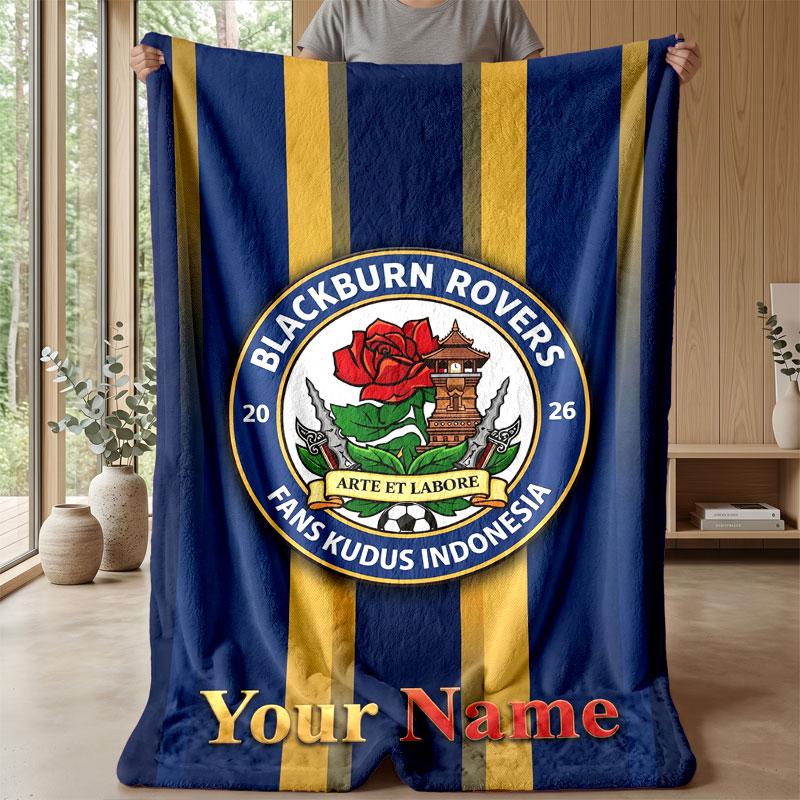 Blackburn Rovers Football Custom Name Text Flannel Blanket Soccer Logo Personalized Fleece Throw Blanket Special Gift For Sofa Bedroom Home