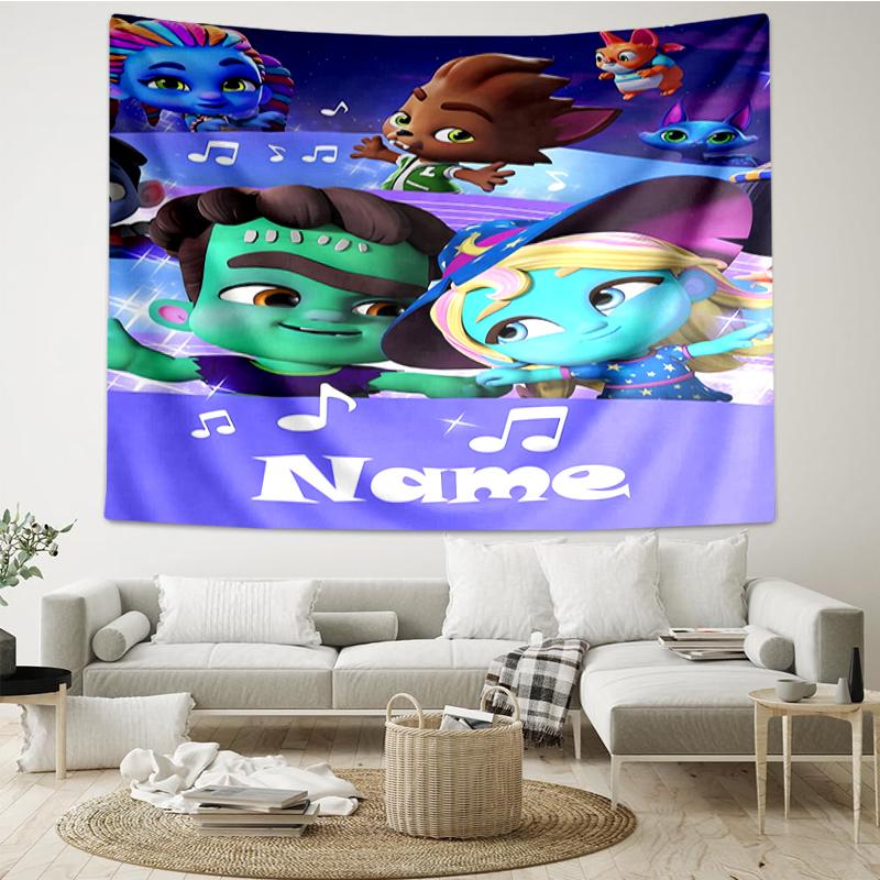 Custom Name Super Monsters Print Tapestry, Backdrop, Easy Setup, Ideal for Bedroom, Office & Living Room, with Aesthetic Wall Hanging Decor.