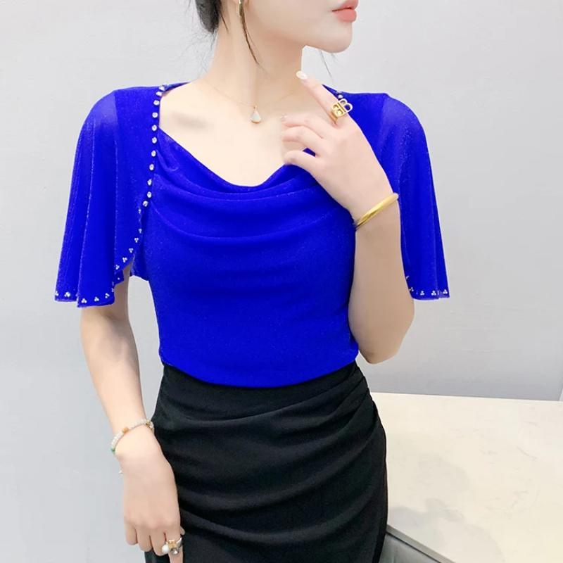 New Fashion Women's Chic Butterfly Sleeve Hot Diamonds Summer T-shirt Sexy Square Neck Slim Mesh Tops Elegant Female Tees