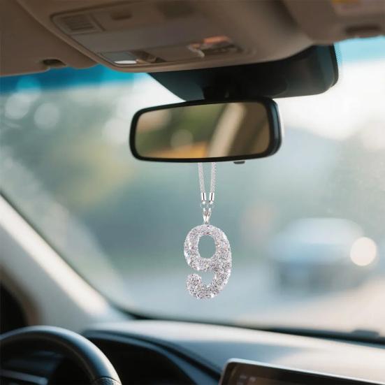 Bling Car Rear View Mirror Accessories Rhinestone Numbers Hanging Ornament 0-10 Automotive Interior Pendant for Women