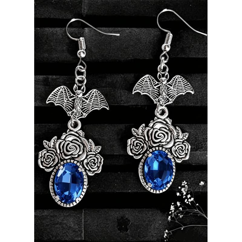 Gothic Shadow Wings Bat & Vampire Red Glass Rose Earrings