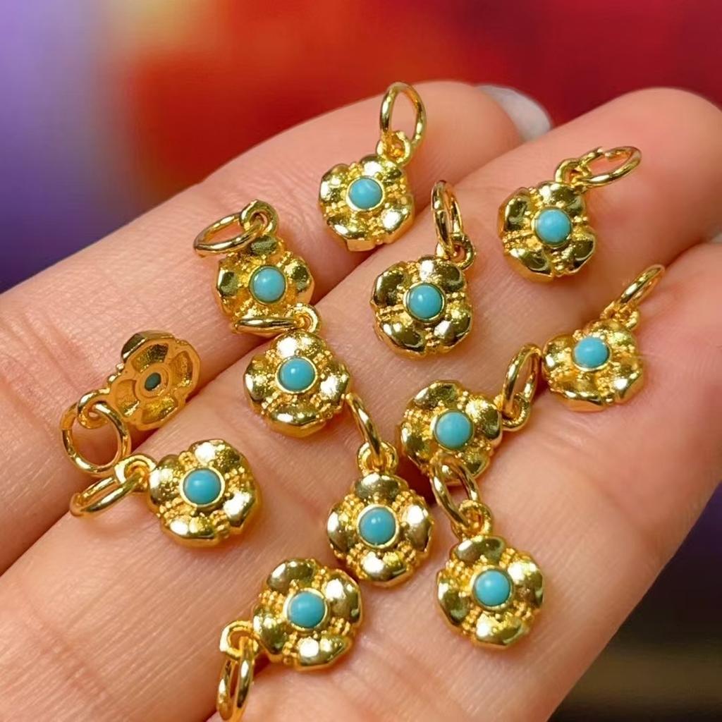 2Pcs, Natural Stone Blue Turquoise Pendant With Golden Edged, Fashion Handcrafted Flower Charms for Jewelry Making DIY Necklace Accessories 6×8mm