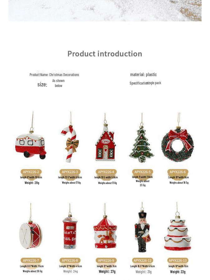 Red & White Painted Wooden House Christmas Ornaments: Car, Gift Cane, Donut, & Cloth Pendants