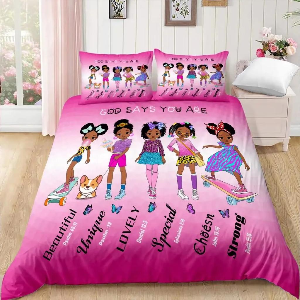 American Black Girl Duvet Cover SetBlack Girl Magic Bedding Set Full SizeCute Little Afro Black Princess Comforter Cover Sets