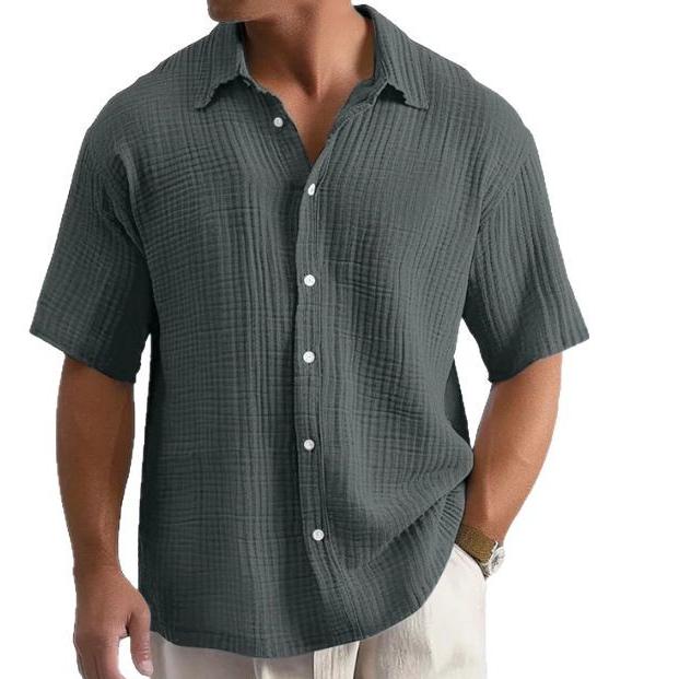 Sommar Lös Ledig Enfärgad Herrskjorta med Korta Ärmar