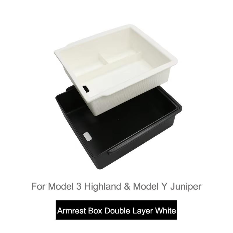 For Tesla Model Y Juniper Model 3 Highland Center Control Armrest Box Organizer Double Layer Box ABS+TPE Layered Storage Box