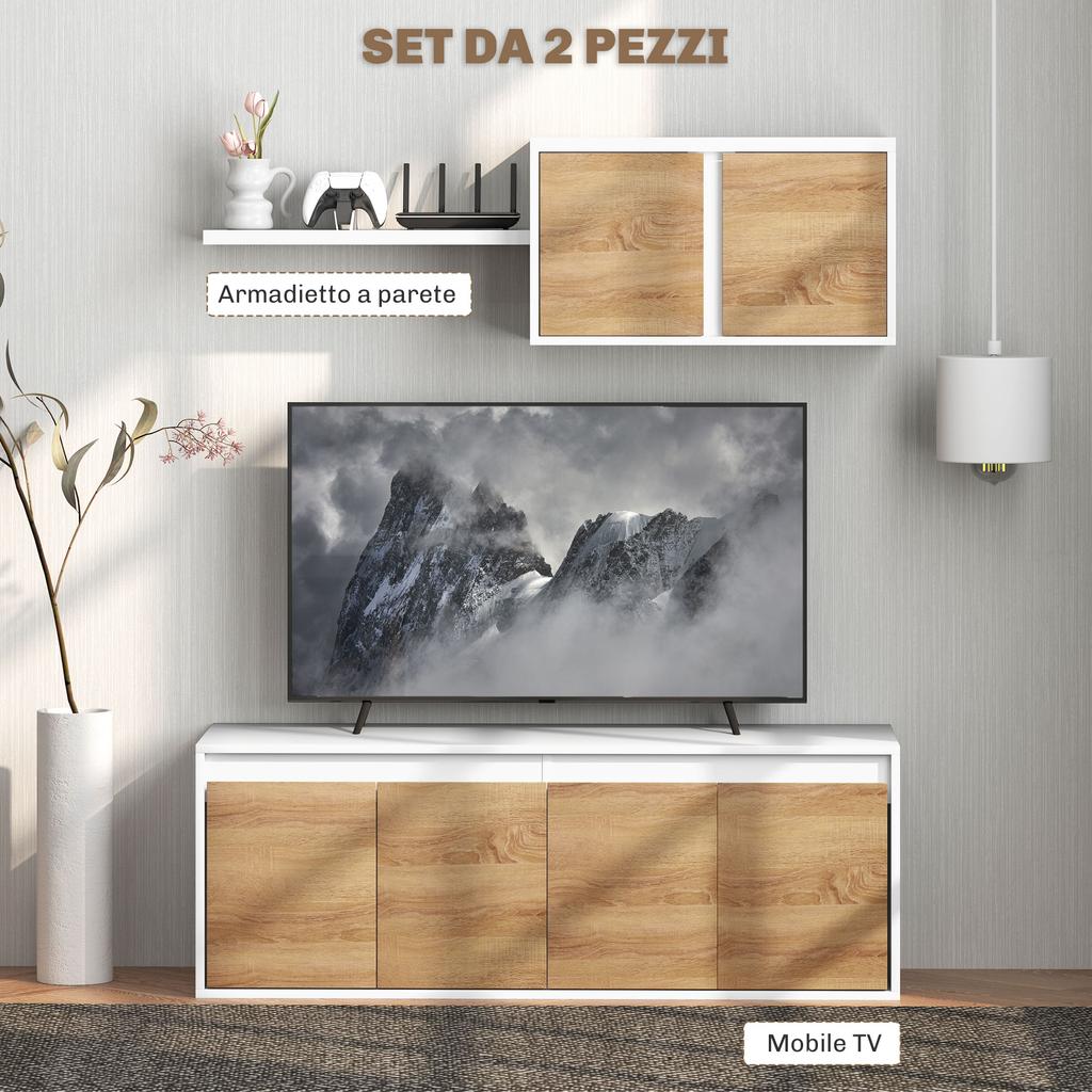 TV Cabinet and Wall Cabinet Set with 7 Shelves and Open Shelf, in Wood, 120x41x43.3 cm, White and Wood Color