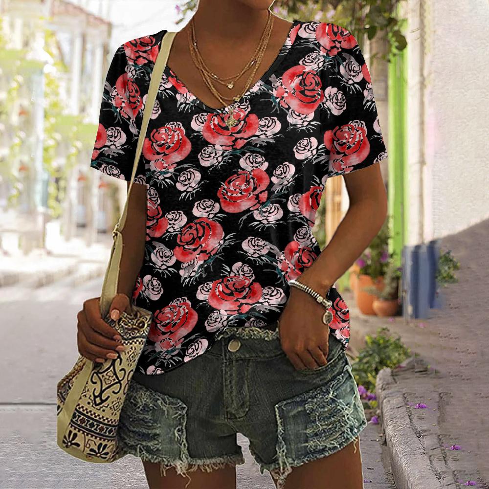 Summer Flower Rose 3D Print T-shirt Women Streetwear Casual T Shirts Y2k Tops Woman Harajuku V-Neck Tees Oversized Clothing