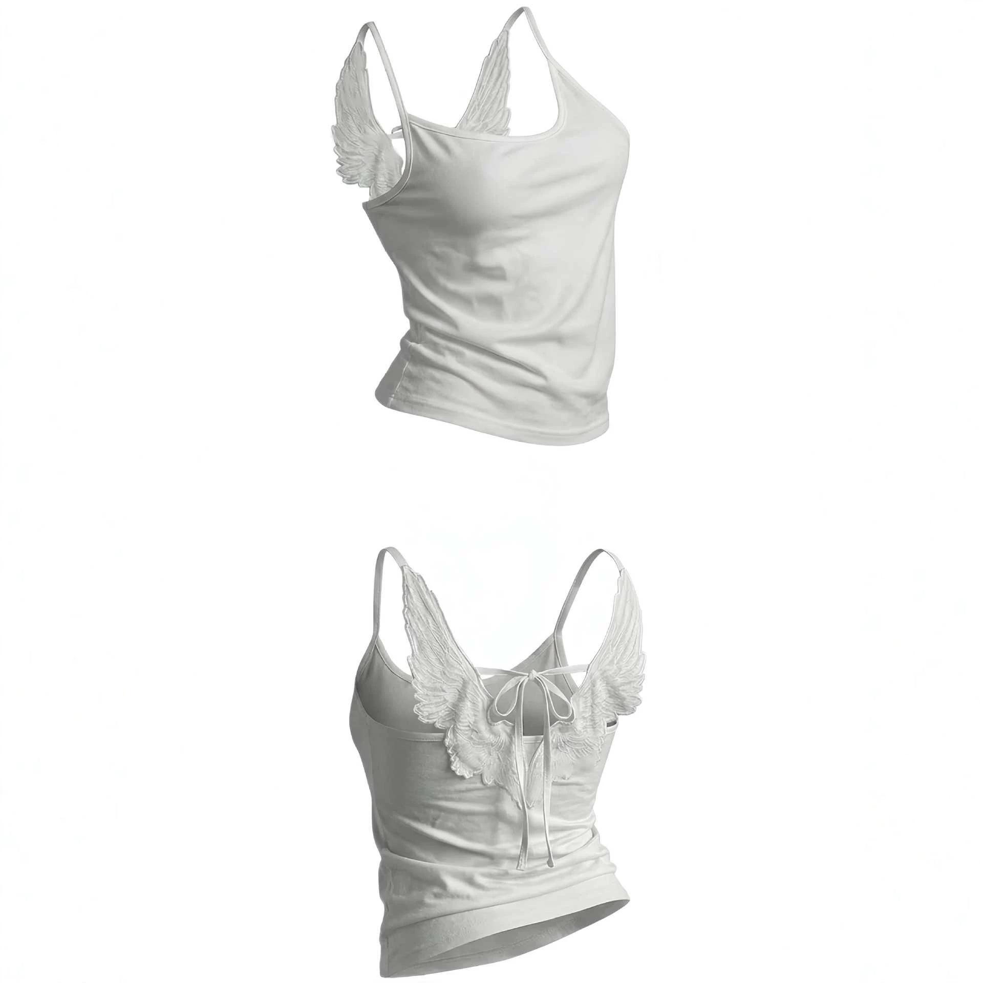 Women Angel Wings Lace Open Back Camisole Top Halter Neck Sleeveless Casual Tank Top S