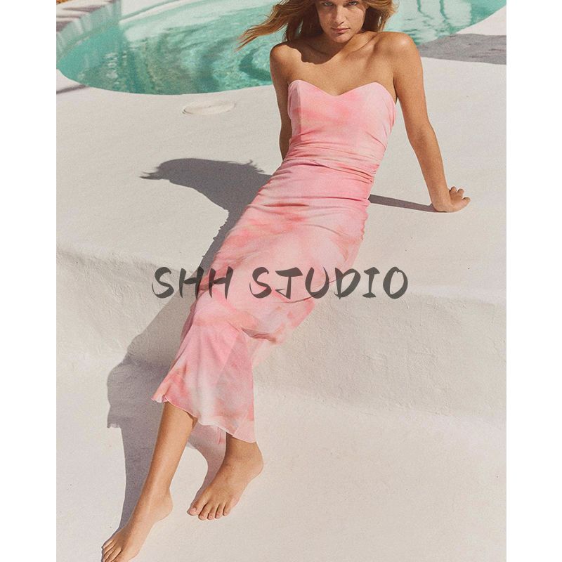 Spring New Women's Clothing Heart-Shaped Collar Ruched Decorative Blooming Print Silk Net Tube Top Dress 3152353