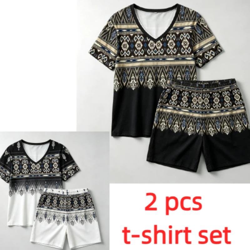 Summer Fashion Bohemian Style Geometry Pattern Printed V- Neck Short Sleeved T-Shirt And Shorts Set Women's and Men's T-shirt Shorts Set