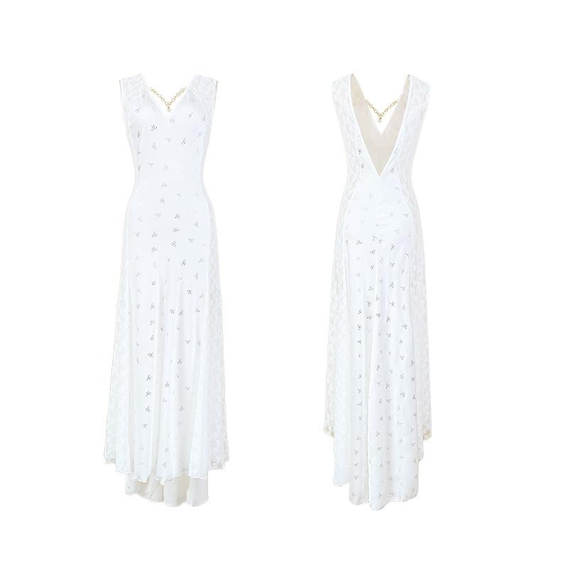 Light Luxury Satin Lace Train Nightgown Deep V Backless Vintage Slim Fit Long Loungewear 983 Luxurious Timeless Sleepwear for Special Occasions