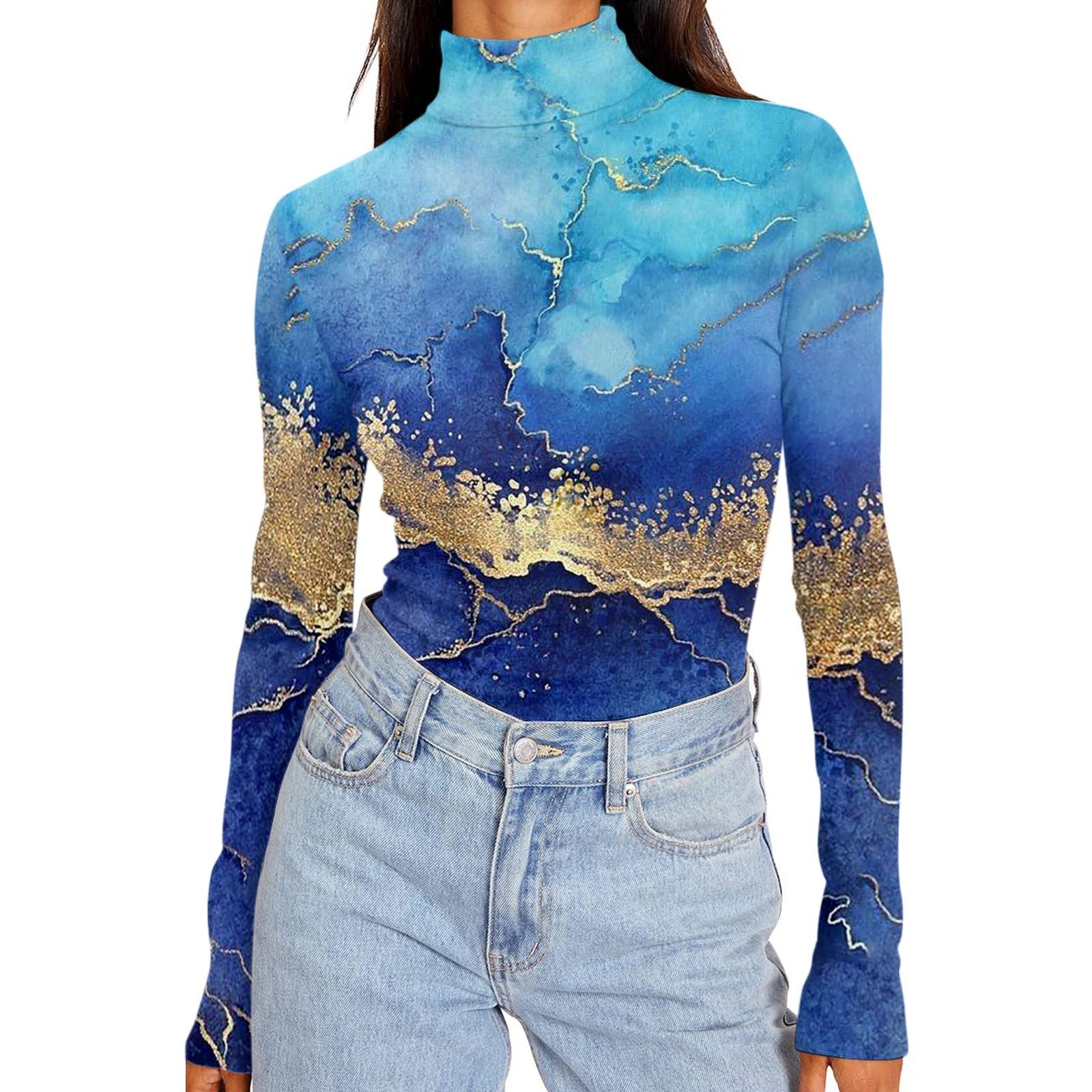 

Женские рубашки с высоким воротником и длинными рукавами с принтом, осенние модные базовые облегающие мягкие термотопы S темно-синий