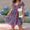 Women Floral Print V Neck Short Sleeve Empire Waist Ruffle Hem Swing Mini Dress