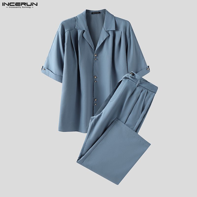 INCERUN Two Pieces Outfits Men Lapel Neck Short Sleeve Striped Shirt Long Suit Pants Sets