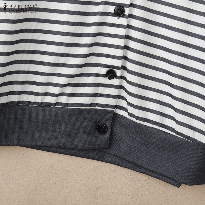 ZANZEA Blusa feminina casual gola redonda manga comprida listrada