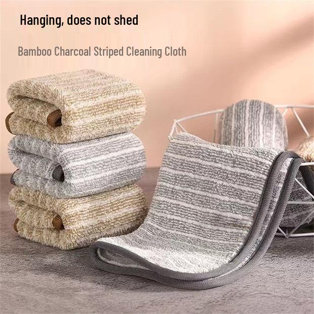 

Bamboo Charcoal Stripe Dishcloth with Loop: Water-Absorbent, Lint-Free, Thick Cleaning Towel & Scouring Pad Hanging Bamboo Charcoal 25x25cm