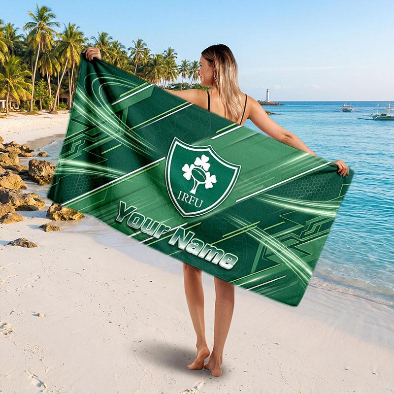 Ireland Rugby Customized Name Text Beach Towel, Soft Absorbent Towel Beach Pool Travel Personal Gift