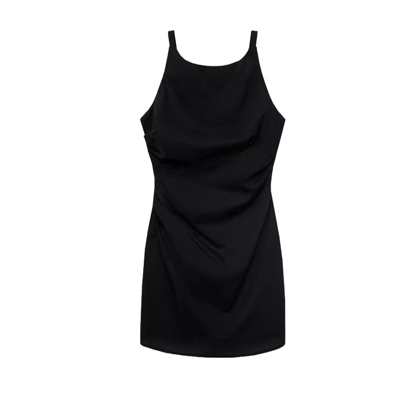 

Summer Women s Clothing French Linen Blended round Neck Sleeveless Waist Ruched Decorative Short Dress 17072536 Black L