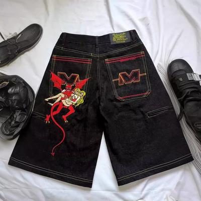 Unisex Streetwear Mens Womens Jeans Hip Hop Demon Devil Pattern Embroidered Trousers Harajuku Casual Straight Baggy Jeans Shorts