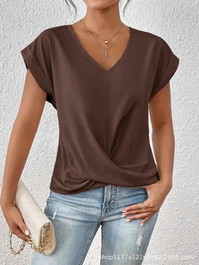 Elegant Solid Color V-neck Short-sleeve T-shirt for Women - Spring/Summer Collection