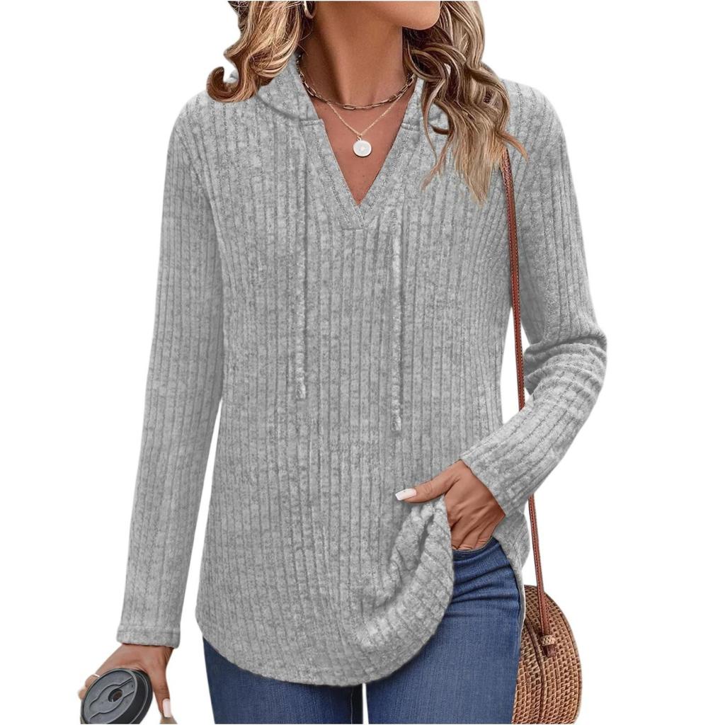 2025 Autumn/Winter Women's Plus Size V-Neck Hooded Ribbed Long Sleeve Loose T-Shirt