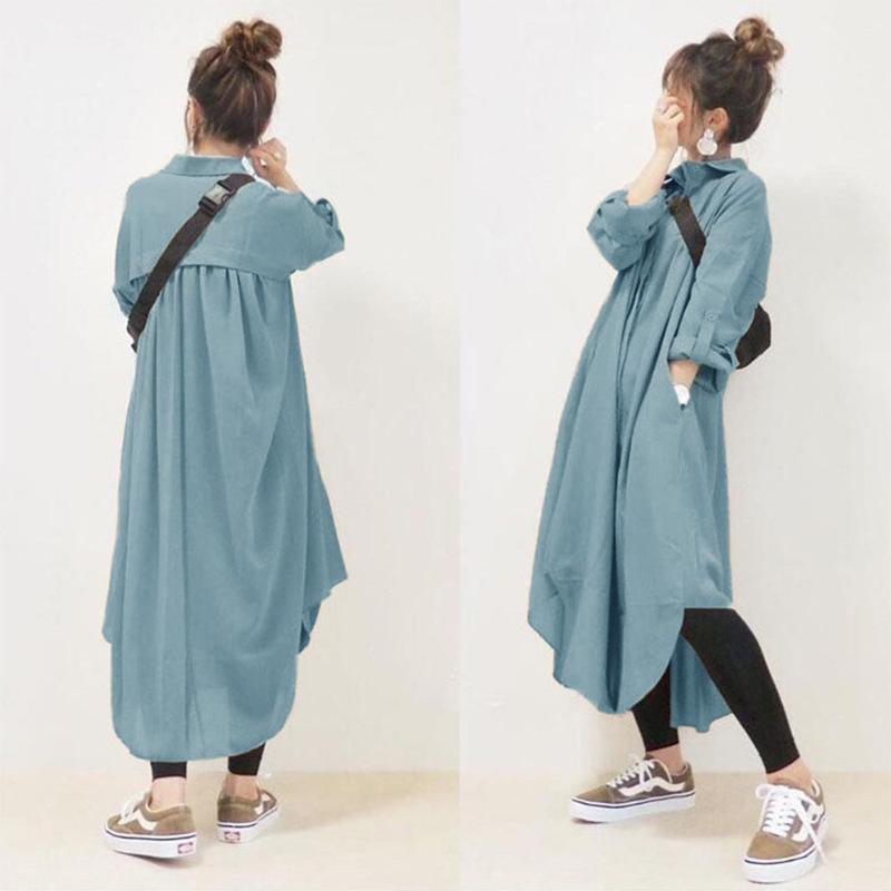 

WoMan s Spring and Summer Lapel Long-sleeved Pockets Simple Loose Long Cotton and Linen Shirt Dress One size синій