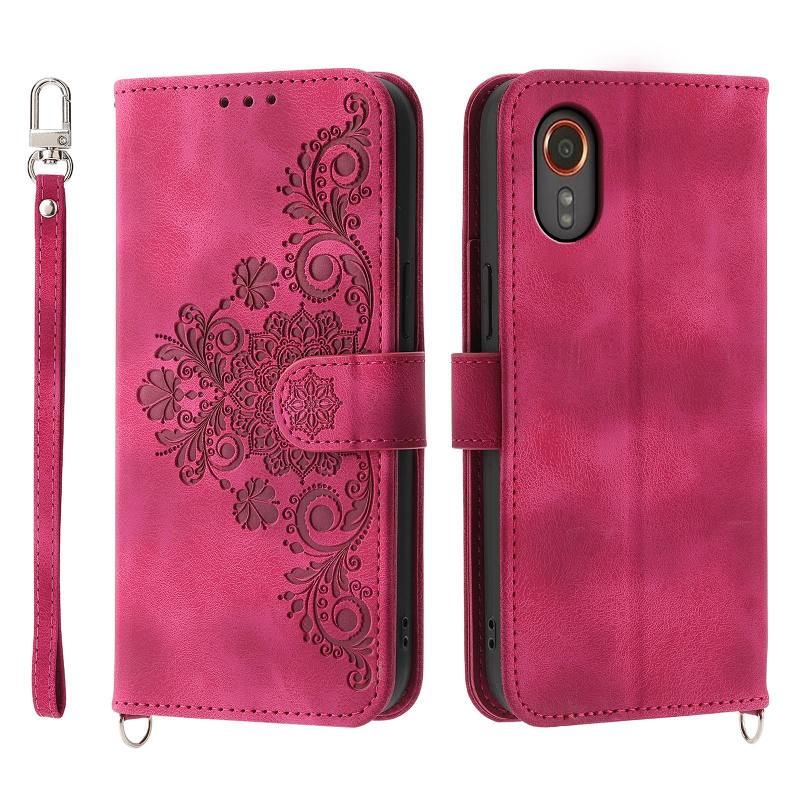 

For Samsung Galaxy Xcover7 PU Leather Phone Case Flower Pattern Cover with Multiple Card Slots Wine Red