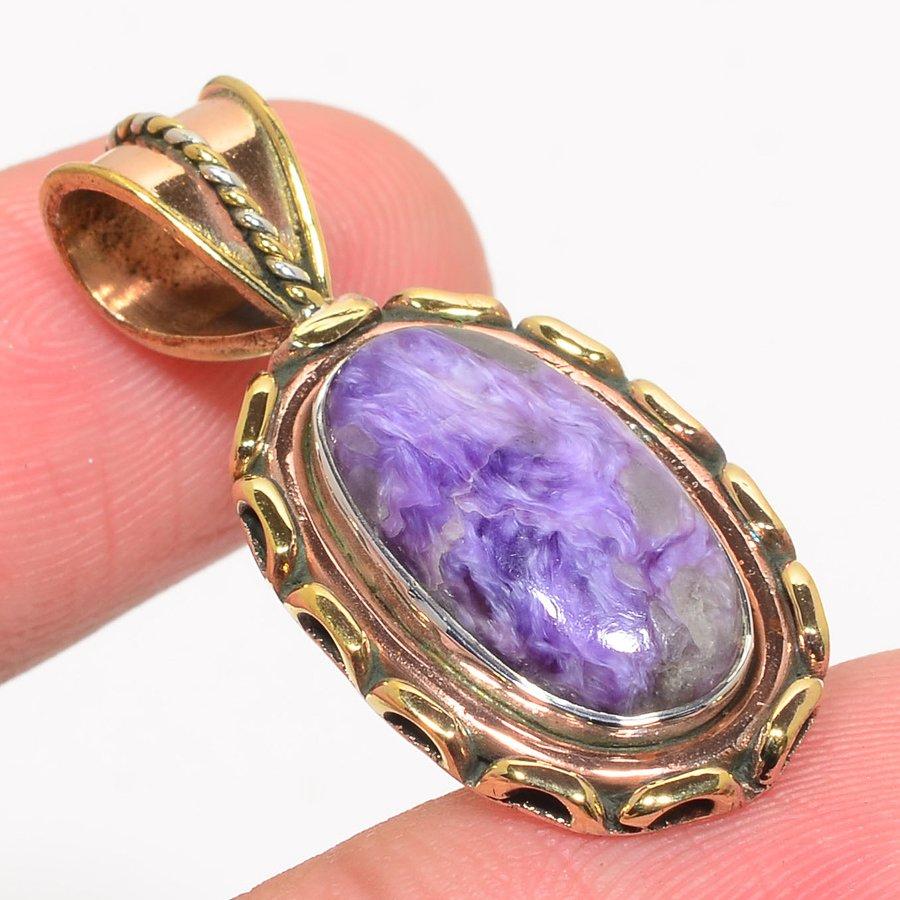 Natural Russian Charoite Two Tone 925 Solid Sterling Silver Pendant 1.50'' Z9U95
