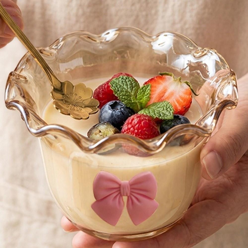 Salad Bowl Wide Mouth Dessert Bowl with Bow Aesthetic Glass Bowl Decorative Heat-Resistant Ice Cream Cup Breakfast