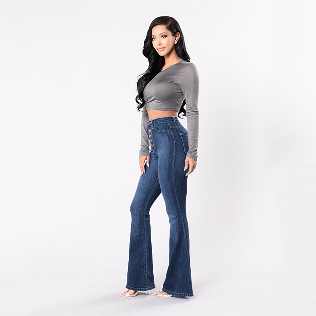  Women  Elastic Plus Loose Denim Pocket Button Casual Boot Cut Pant  Jeans