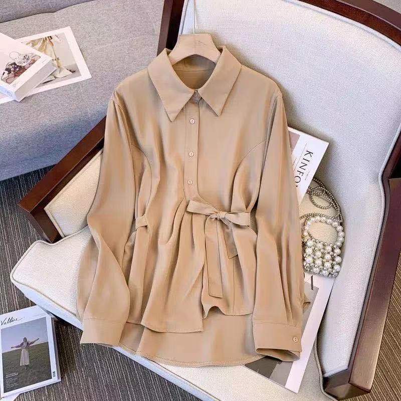 Fashion Korean Turn-down Collar Lace Up Button Shirt  Autumn Women's Clothing All-match Solid Color Long Sleeve Loose Blouse