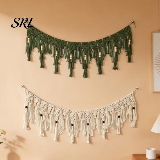 Cotton Rope Backdrop Boho Garland Wall Hanging with Wooden Beads, Hand Woven Tassel Banner, Textured Decor Nordic Window Tapestry, Bohemian