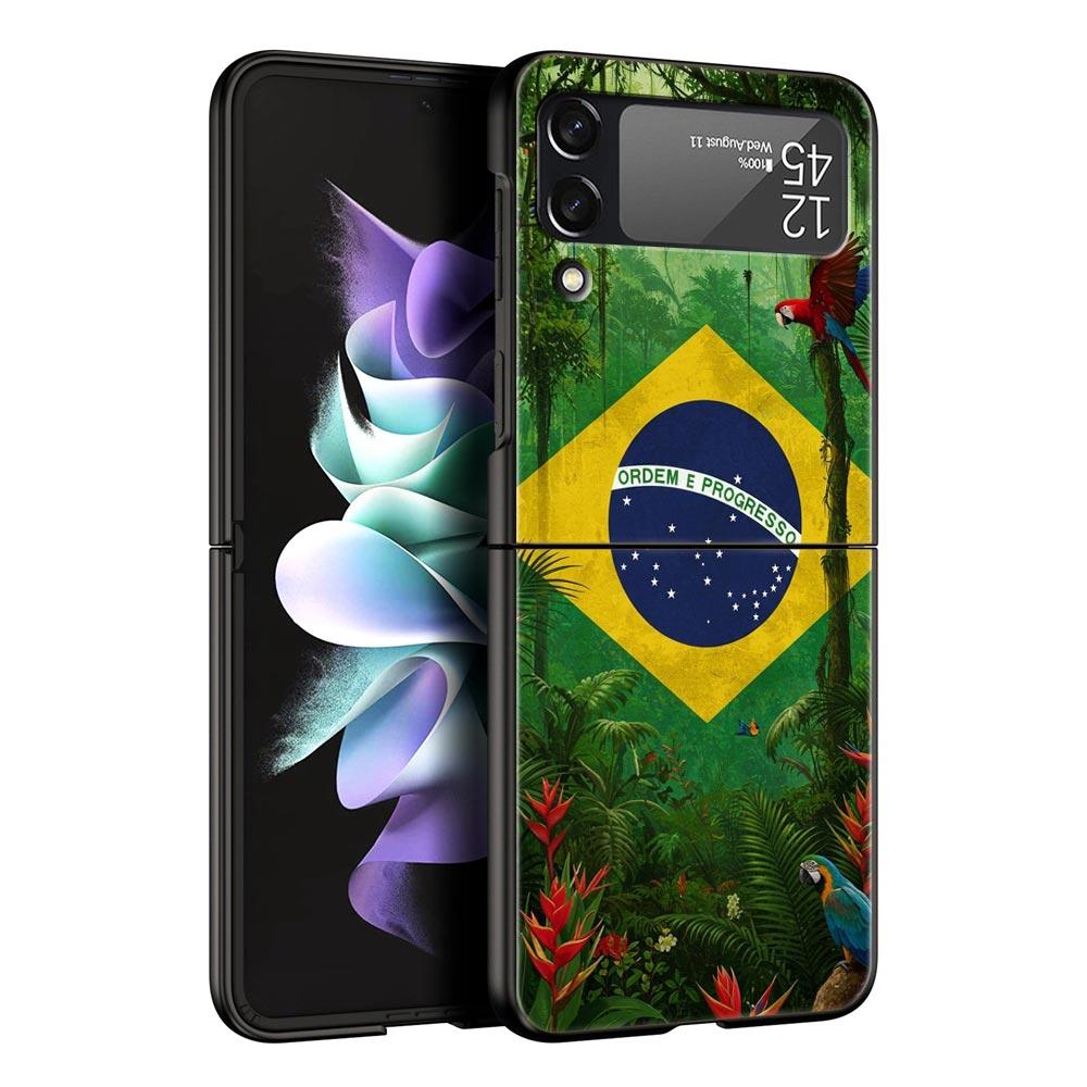 Phone Case for Samsung Galaxy Z Flip 3 4 5 6 7 Folding Black Shell For Samsung Z Flip4 Flip5 PC Hard Cover Large Brazil Flag