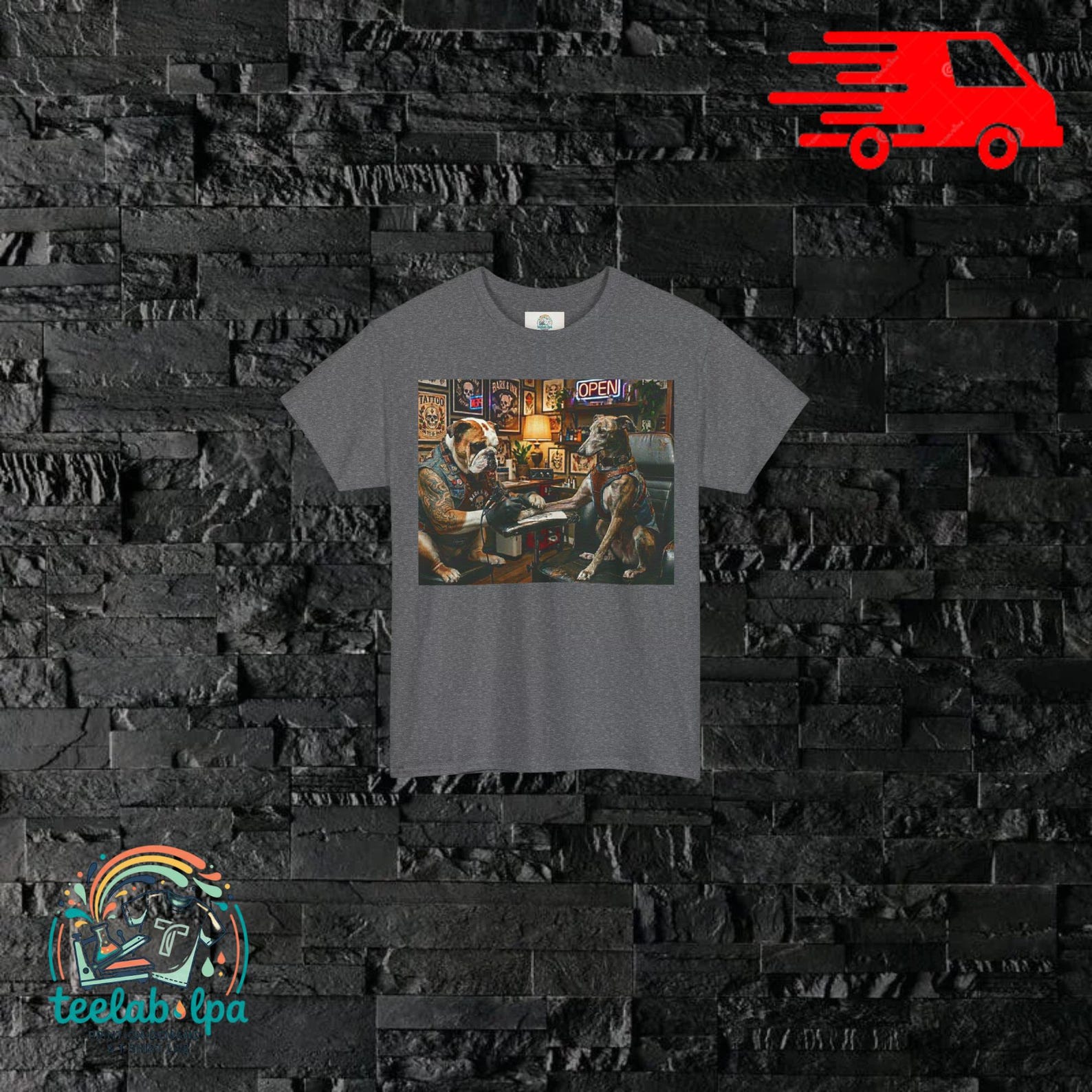 Bulldog tattoo t-shirt, funny meme graphic, tattoo-style dog illustration, ironic gift idea M