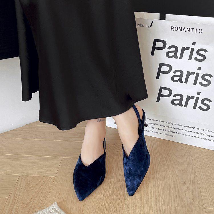 French Gentle Pointed Blue Velvet Single Shoes 2025 New Sandals with Half Bag Head Shallow Mouth High-end Shoes Women