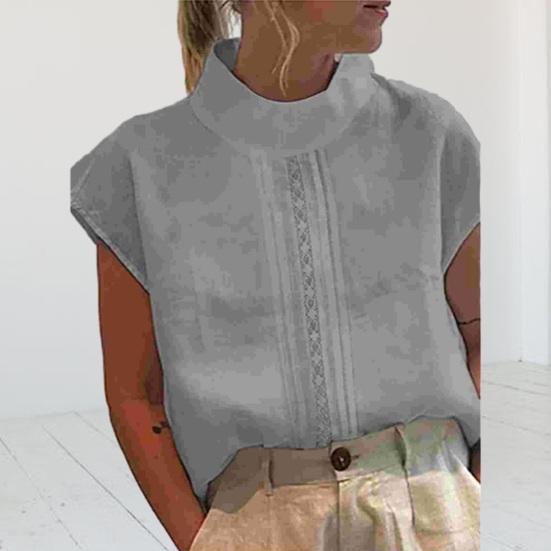Stand-Neck Short Sleeve Retro Tops Hollow Out Lace Stitching Loose Fit Thin Women Solid Color Shirt Top Streetwear