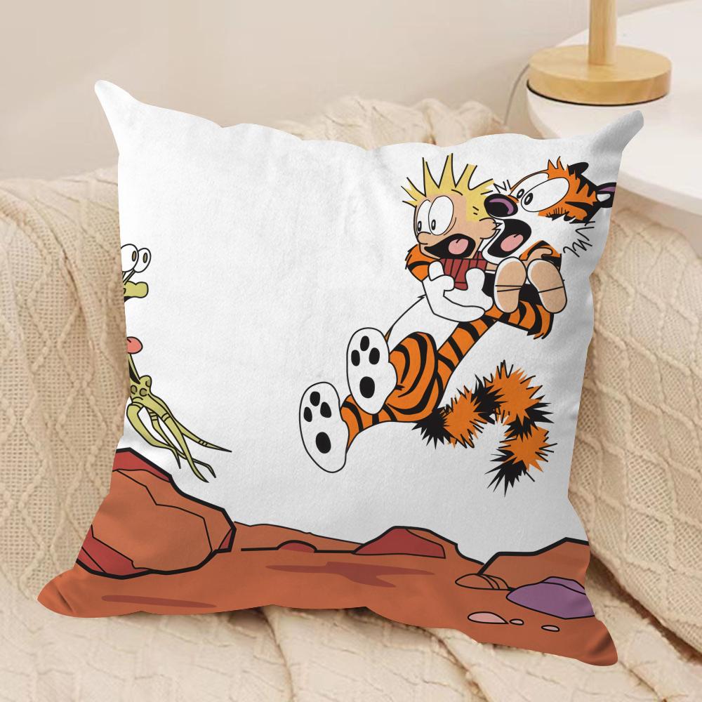 Cartoon CCalvin Hobbes Cute Cushion Cover Silky Short Plush Invisible Zipper Dustproof Sofa Pillow Case For Home Decor
