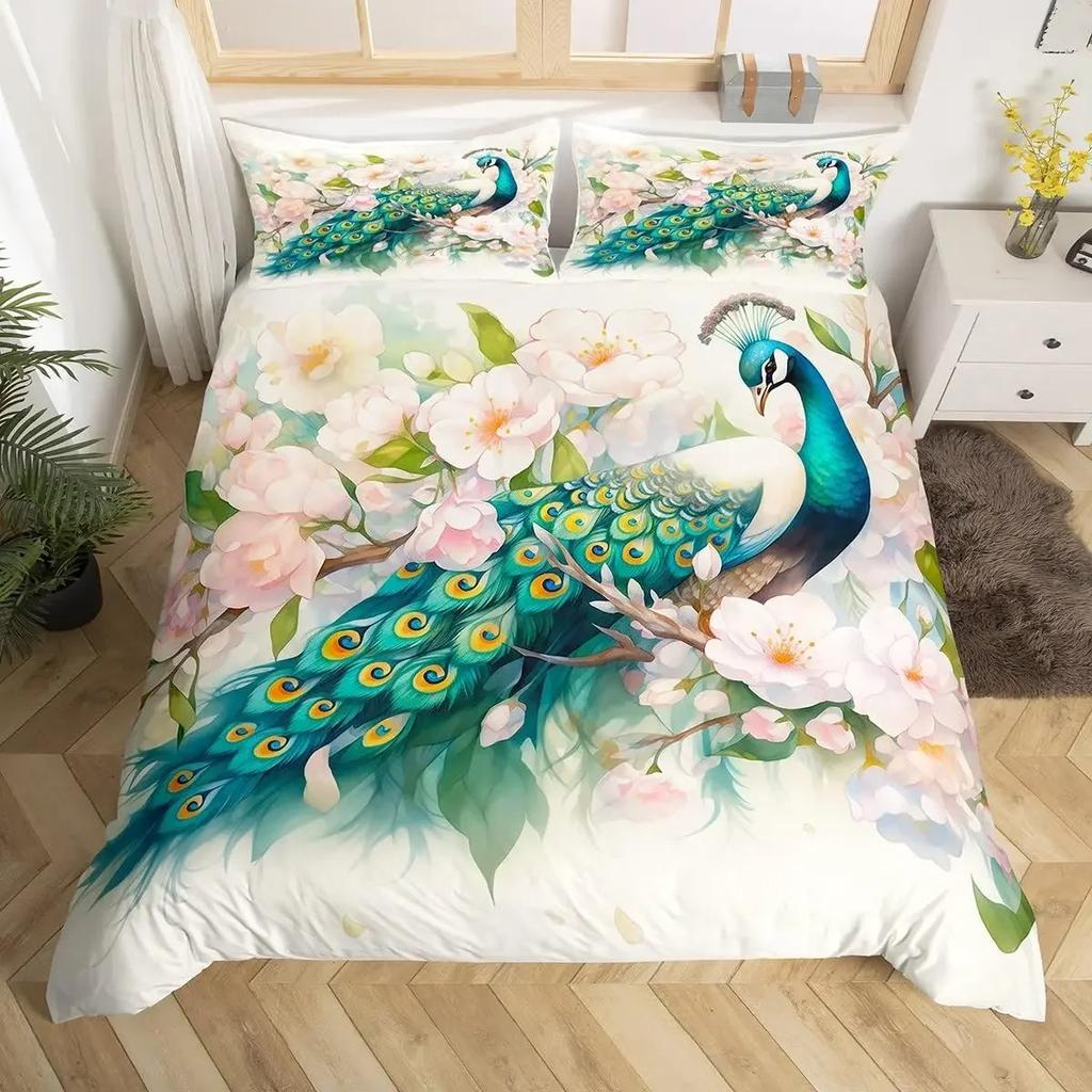Peacock Duvet Cover Queen Watercolor Feather Bedding Set Bird Animal Floral Print Art Painting Comforter Cover and 2 Pillowcase
