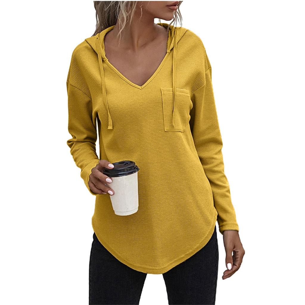 Dámská mikina pro volný čas, dlouhý rukáv, jednobarevný, sportovní svetr s výstřihem do V, s kapsami