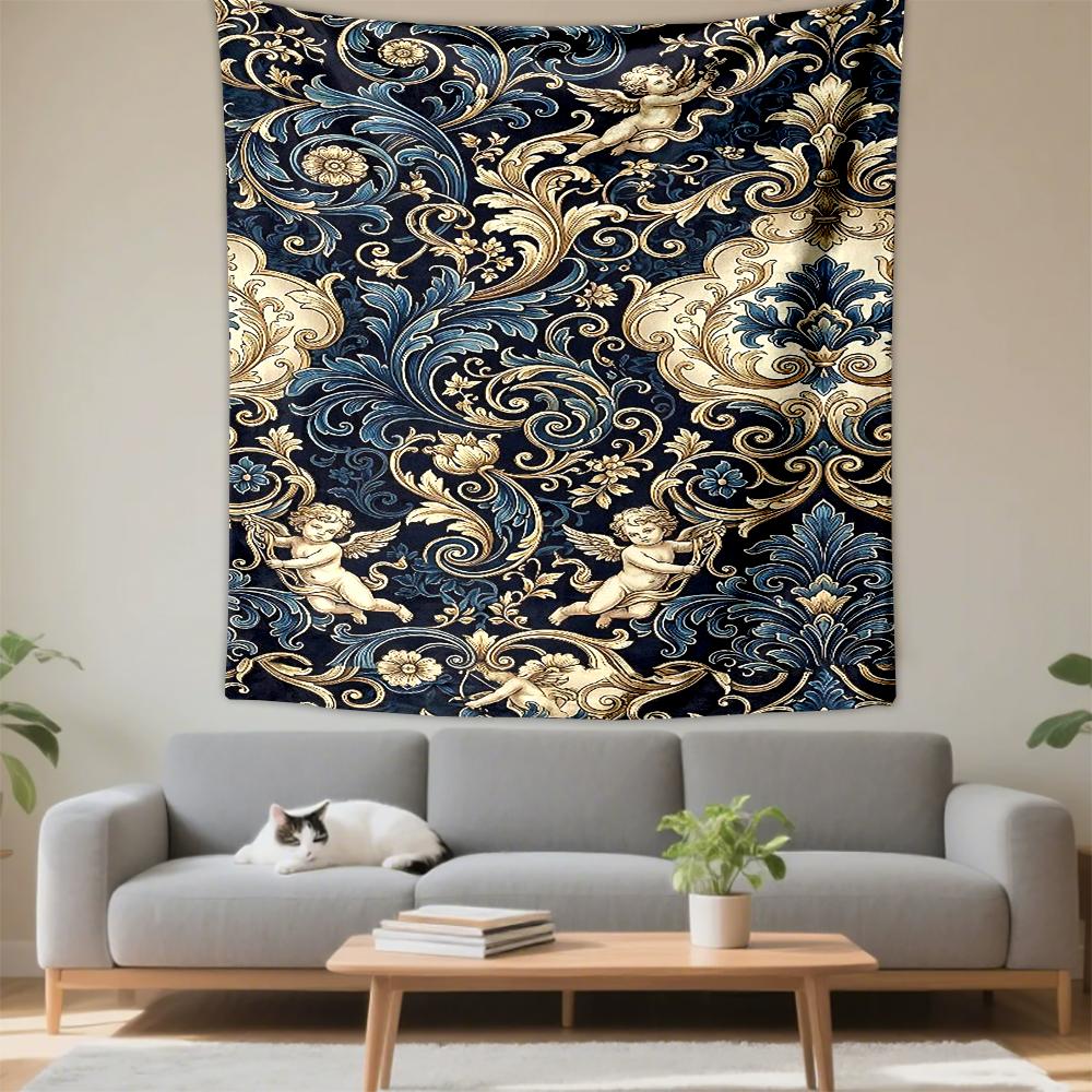 Blue Gold Cherub Baroque Damask Seamless Pattern for Classic Decorative Wall Tapestry for Bohemian Home Wall