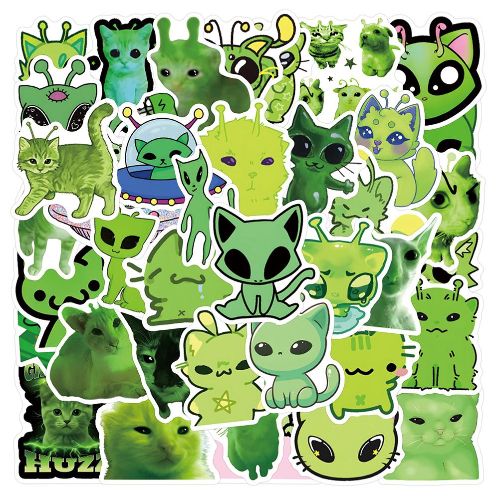 10/30/55pcs Green Alien Cat MEME Graffiti Stickers Abstract Creative Decals DIY Stationery Fridge Suitcase Funny Cartoon Sticker