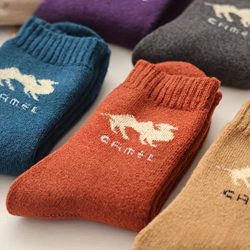 5 Pairs Winter Camel Cartoon Pattern Mid-Calf Thick Fleece-Lined Warm Polyester Spandex Knit Socks for Women