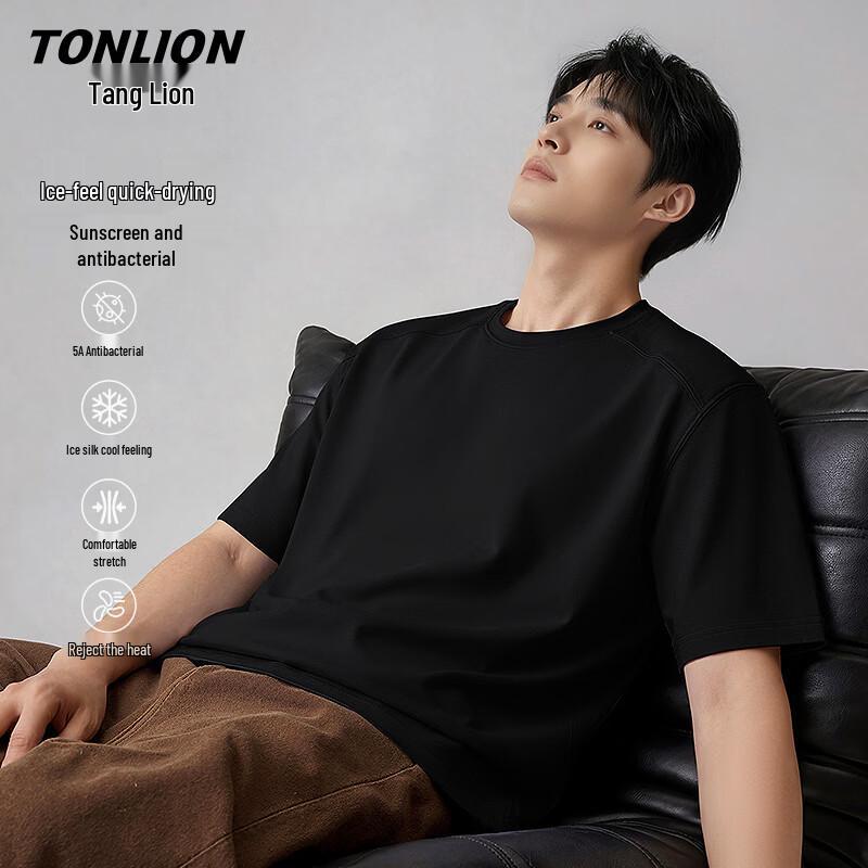 Мужская спортивная футболка TonLion 5A с антибактериальным покрытием, быстросохнущая, охлаждающая L чёрный